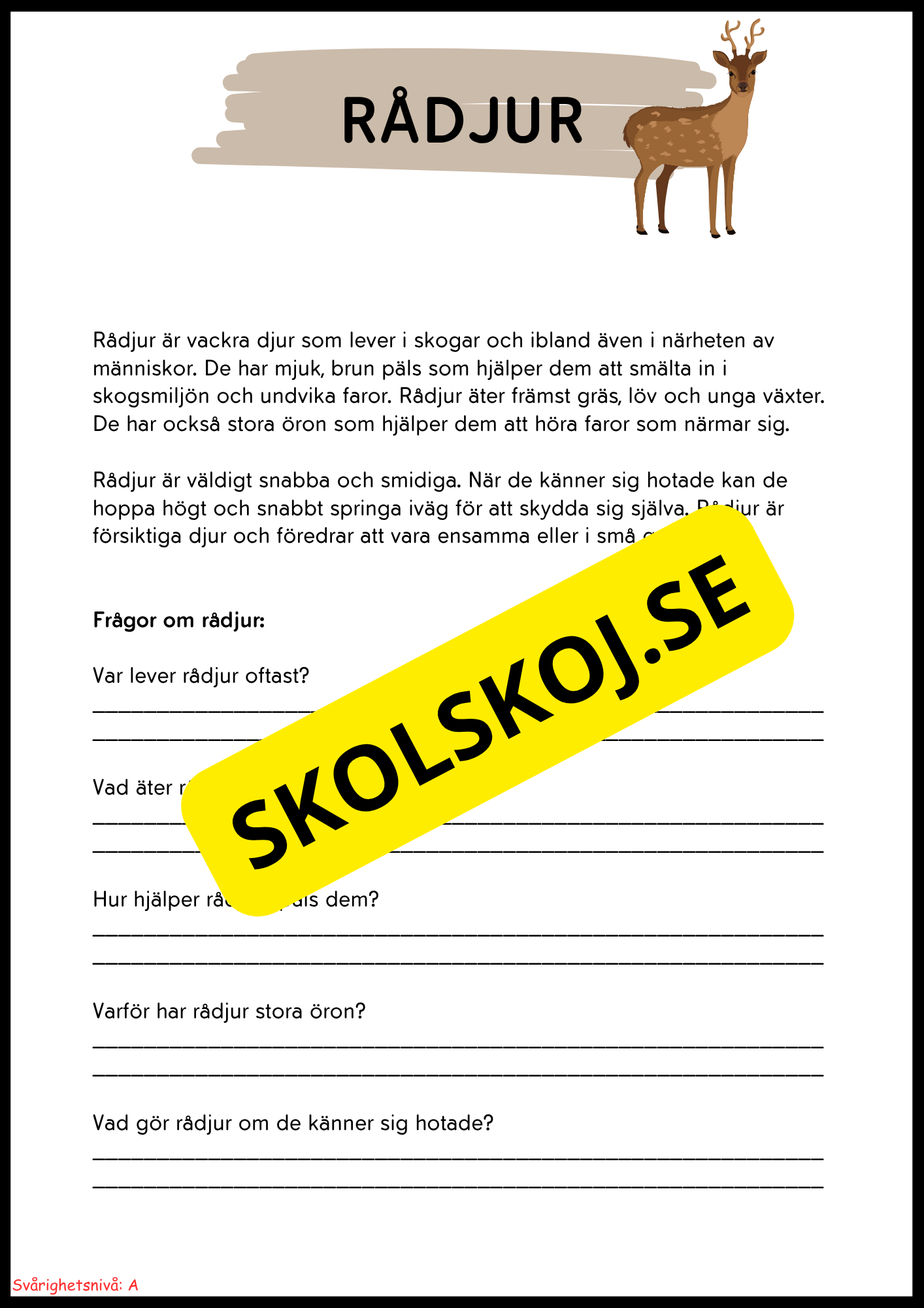 Vilda djur i Sverige – Läsförståelse med två nivåer för lågstadiet