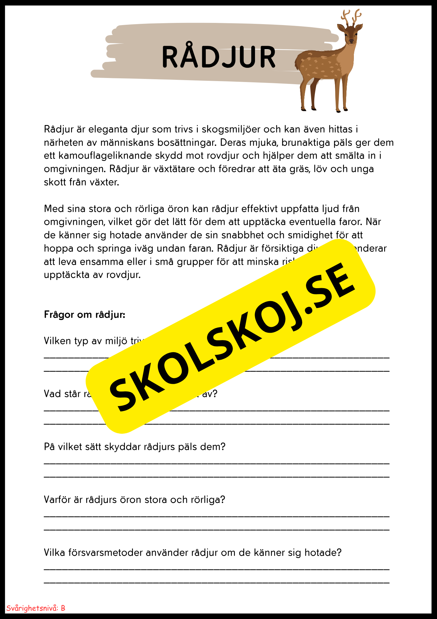 Vilda djur i Sverige – Läsförståelse med två nivåer för lågstadiet