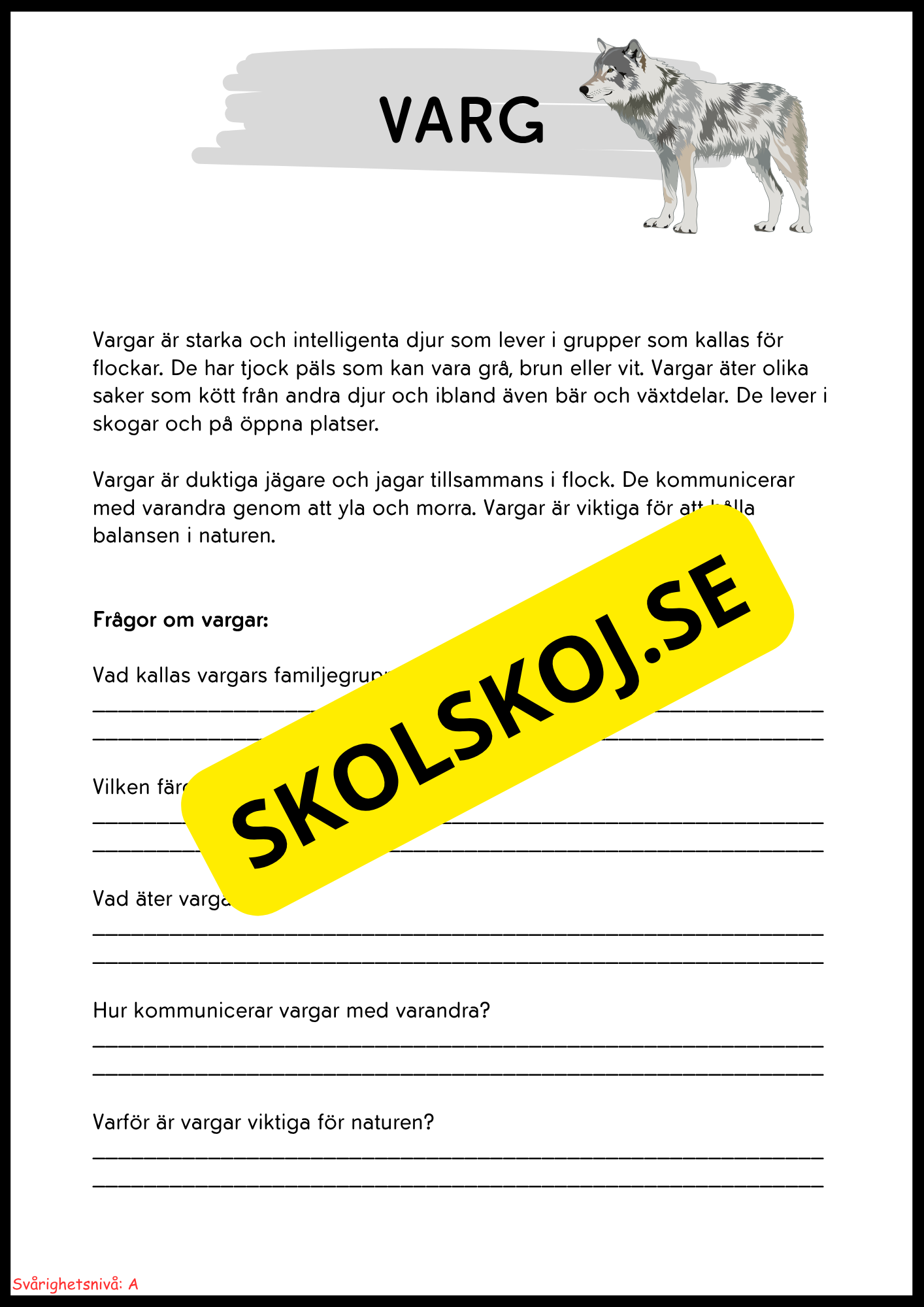 Vilda djur i Sverige – Läsförståelse med två nivåer för lågstadiet