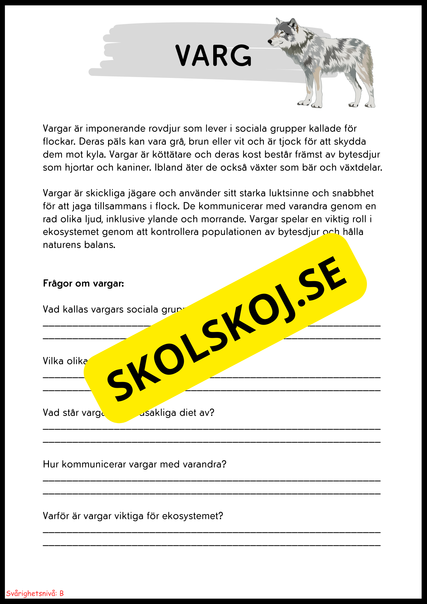 Vilda djur i Sverige – Läsförståelse med två nivåer för lågstadiet