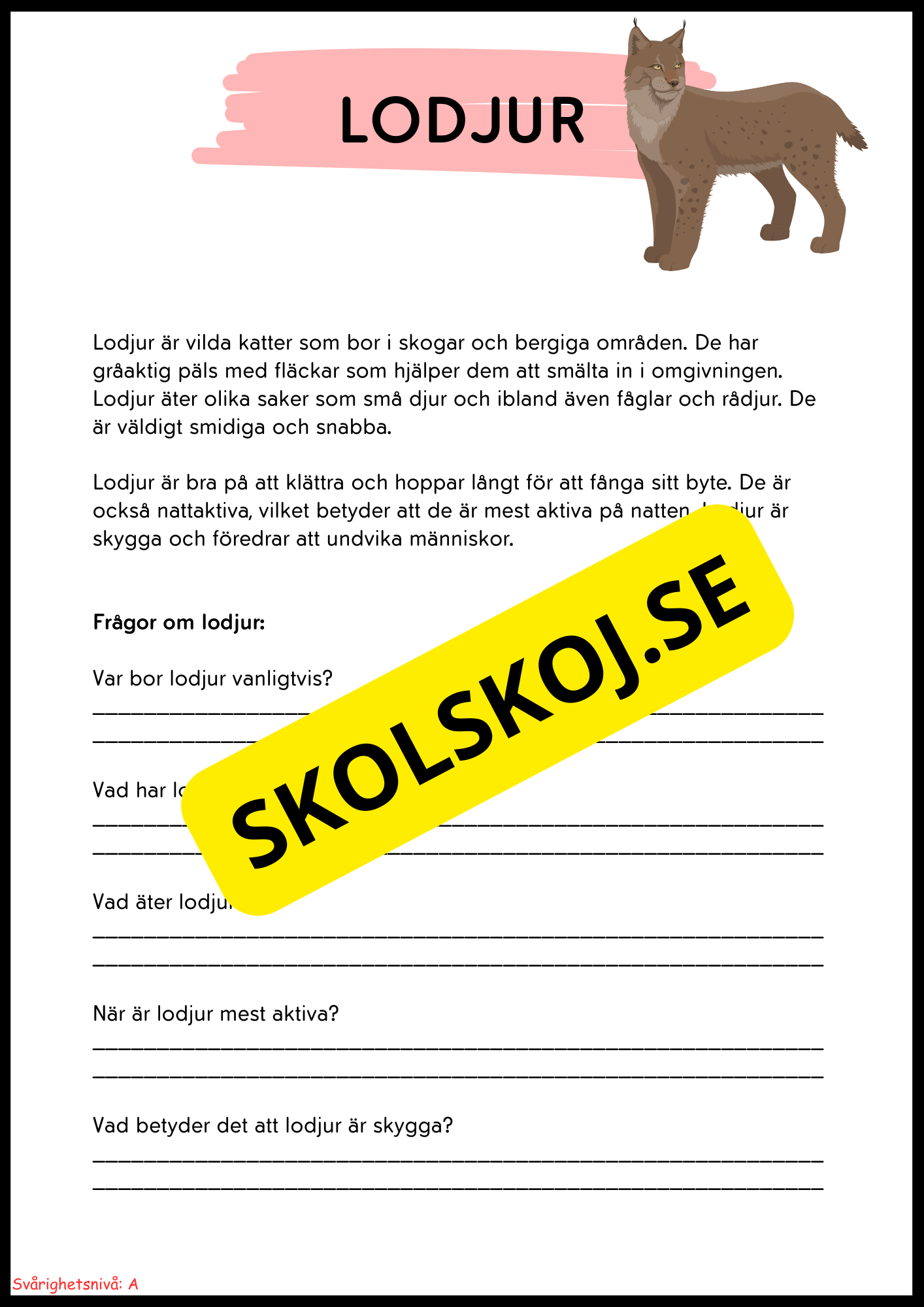 Vilda djur i Sverige – Läsförståelse med två nivåer för lågstadiet