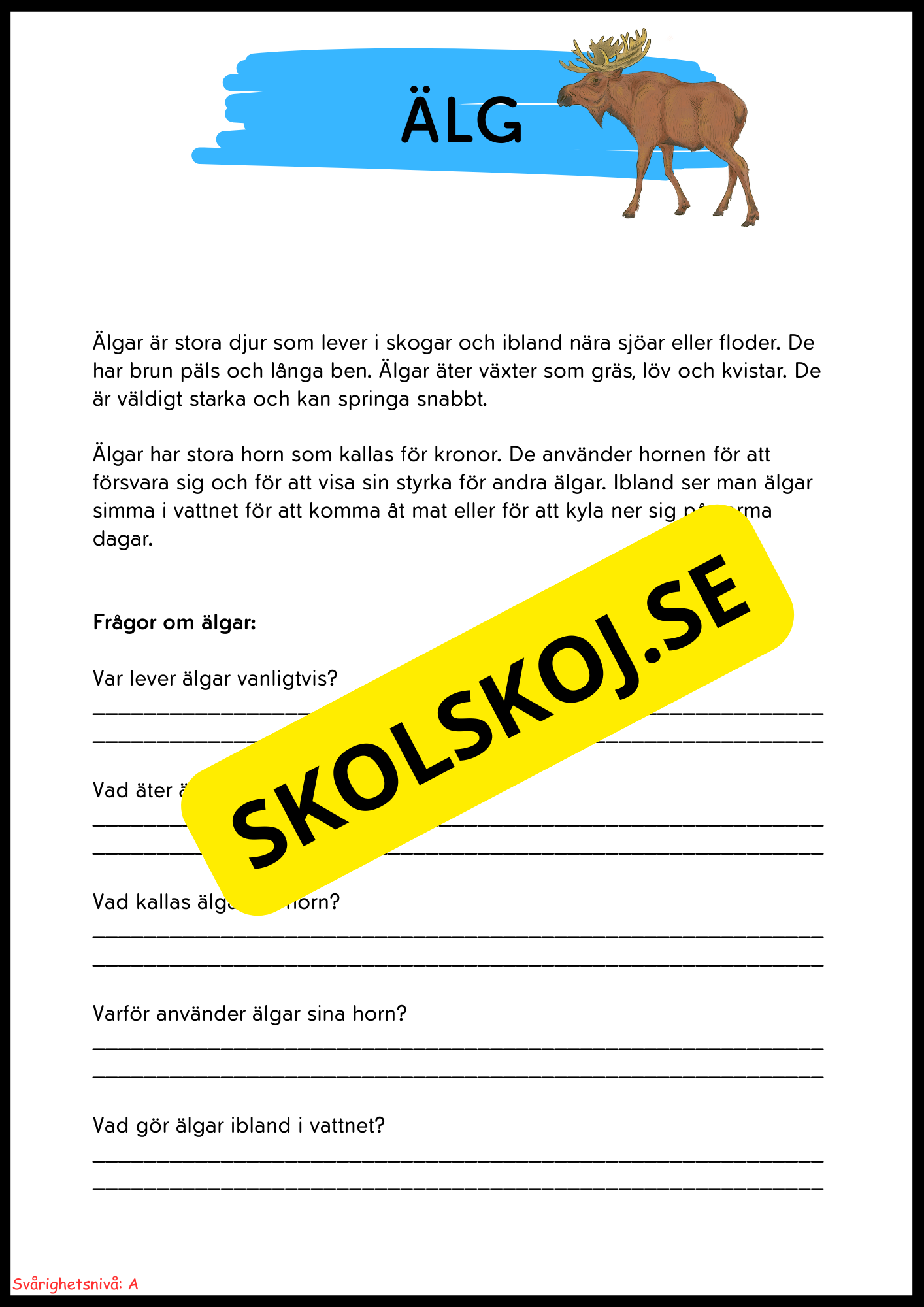 Vilda djur i Sverige – Läsförståelse med två nivåer för lågstadiet