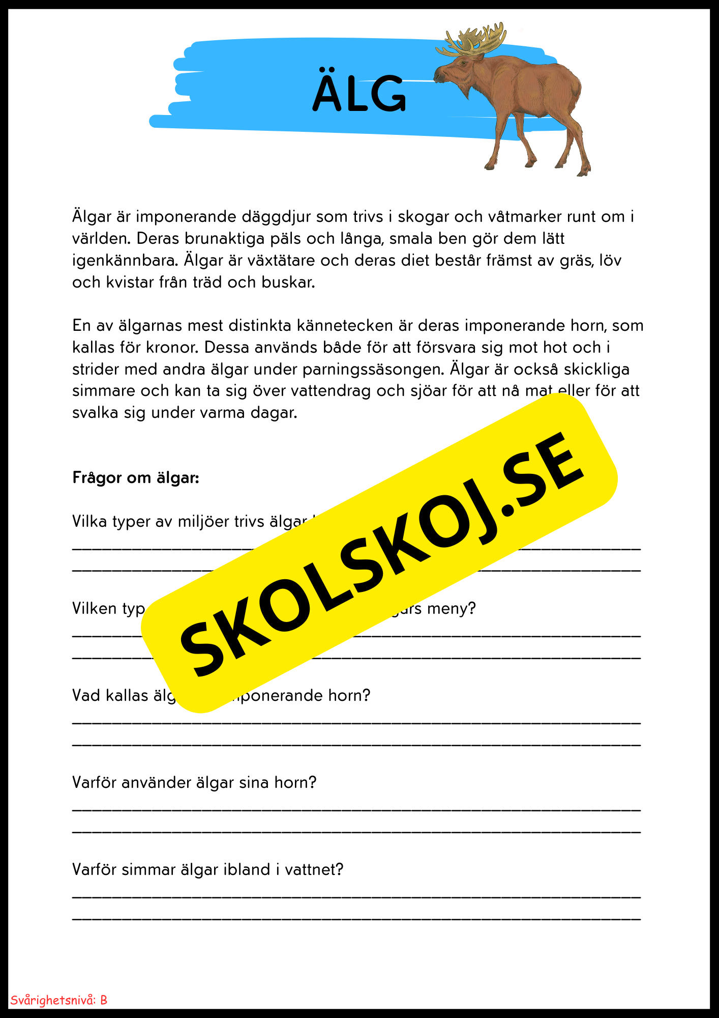 Vilda djur i Sverige – Läsförståelse med två nivåer för lågstadiet