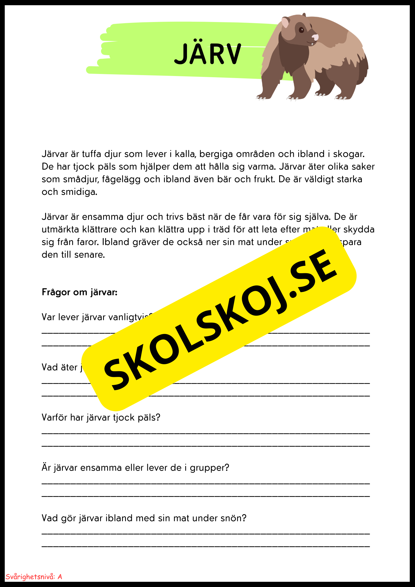 Vilda djur i Sverige – Läsförståelse med två nivåer för lågstadiet