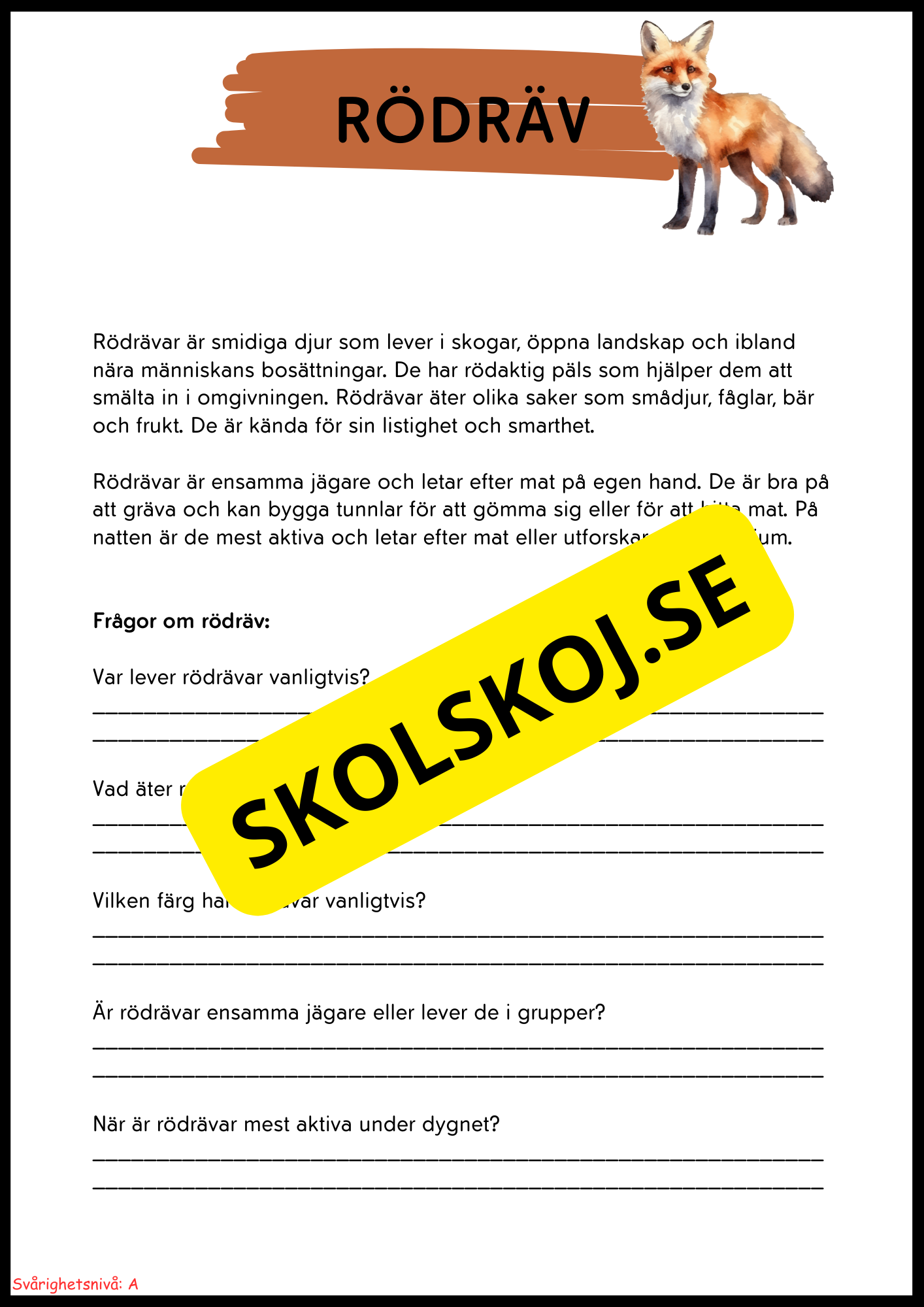 Vilda djur i Sverige – Läsförståelse med två nivåer för lågstadiet