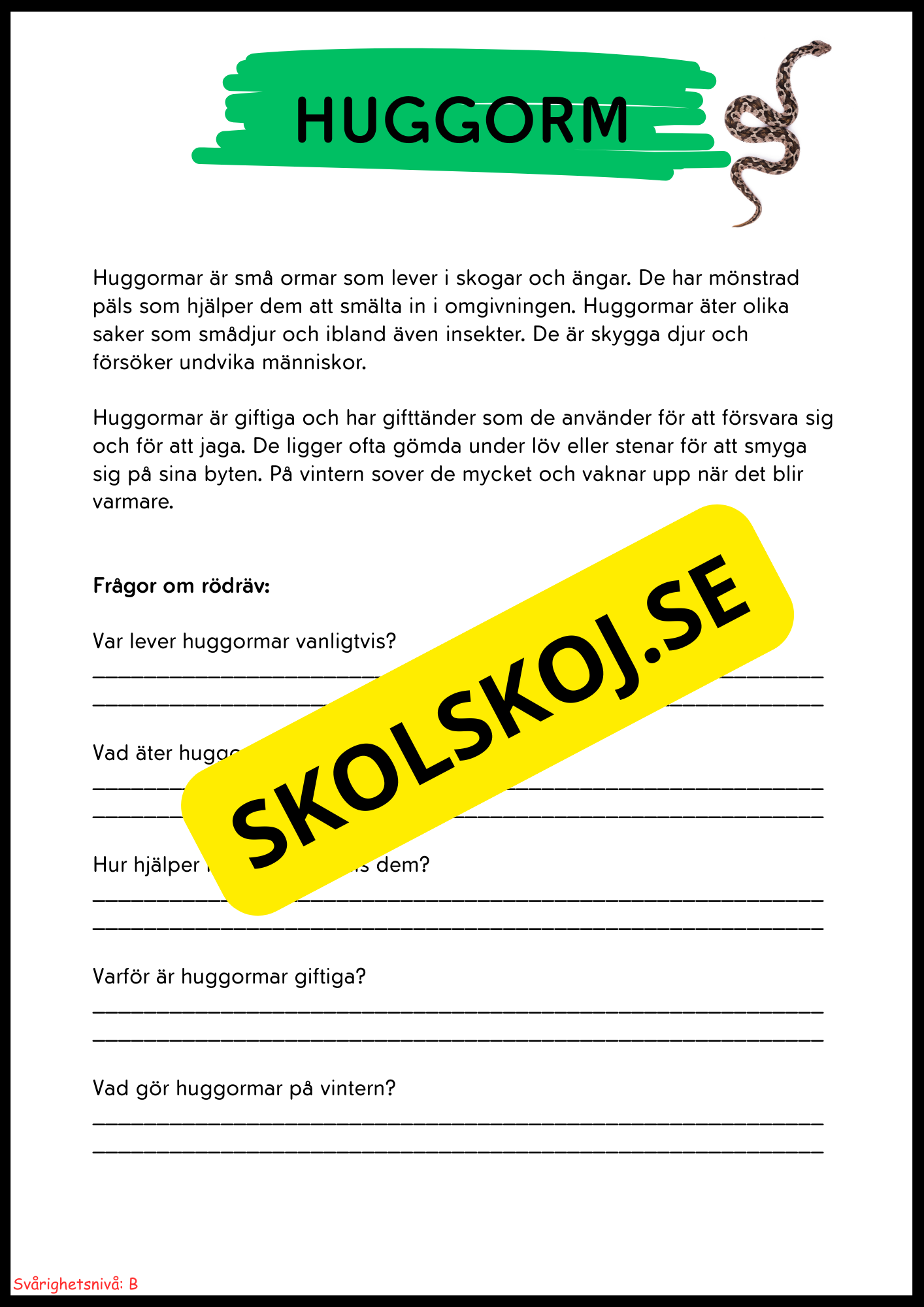 Vilda djur i Sverige – Läsförståelse med två nivåer för lågstadiet