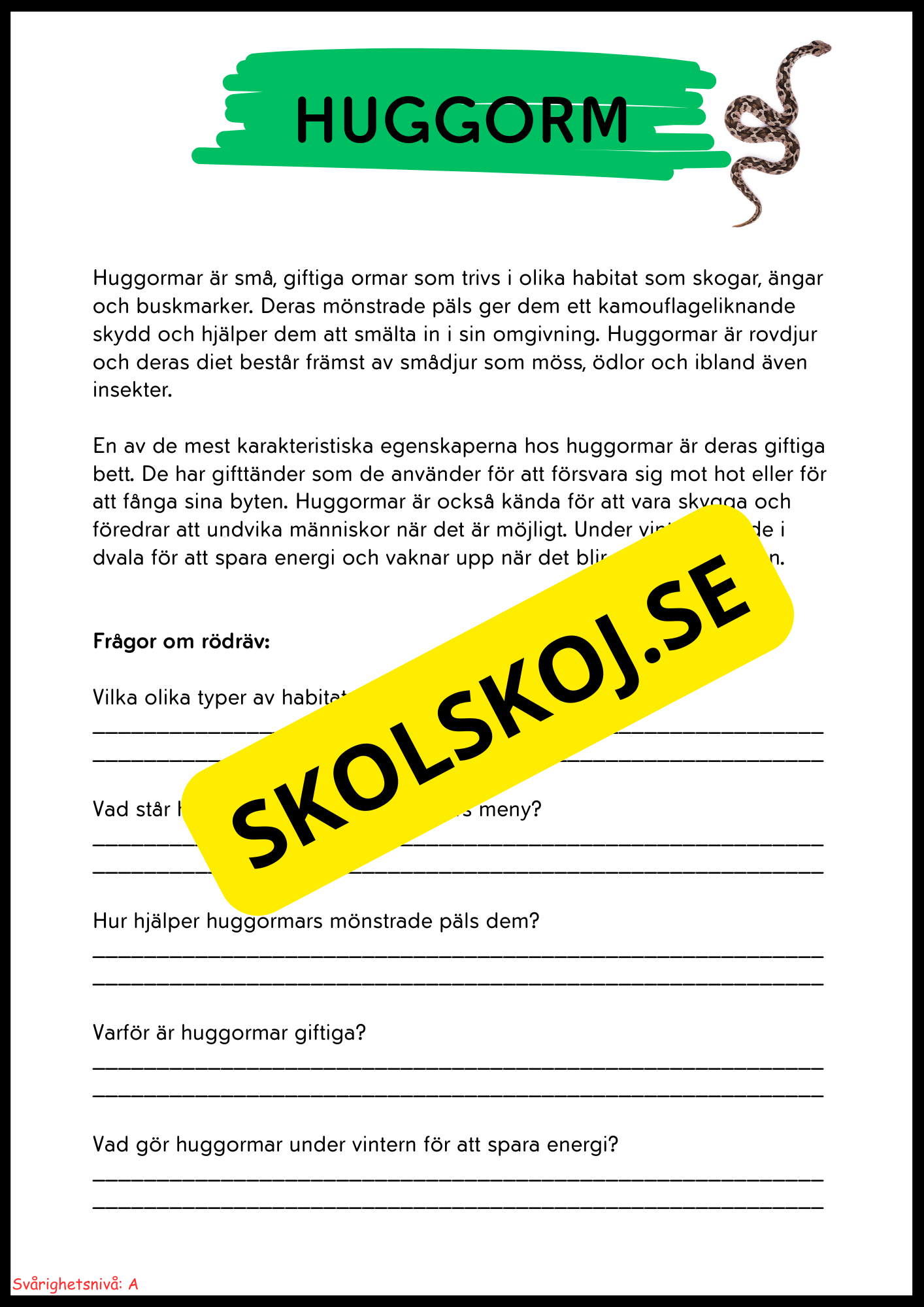 Vilda djur i Sverige – Läsförståelse med två nivåer för lågstadiet