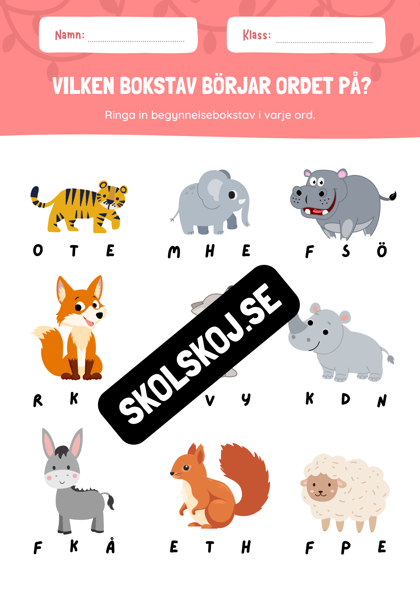 Vilken bokstav börjar ordet på - Tema djur