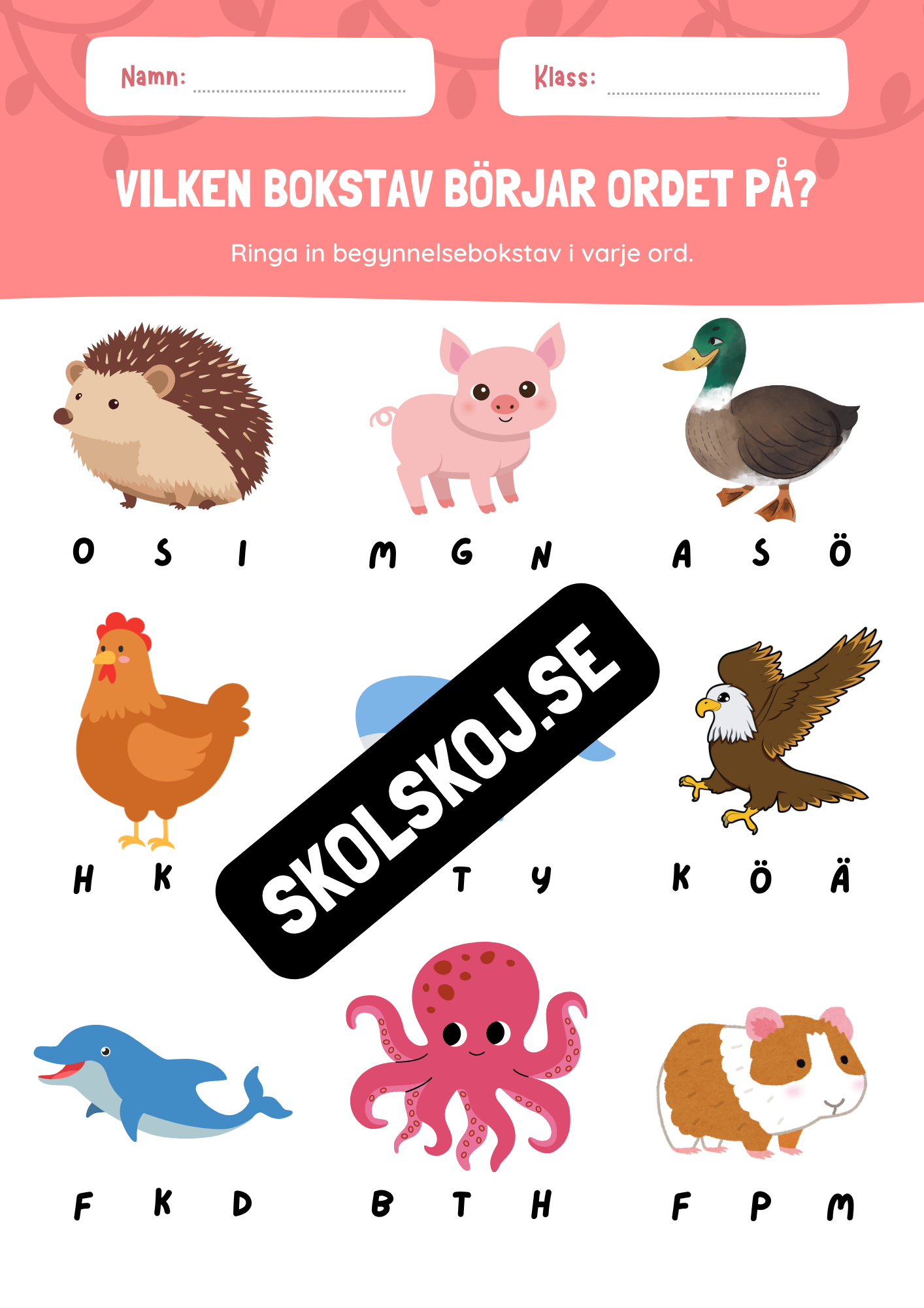 Vilken bokstav börjar ordet på - Tema djur