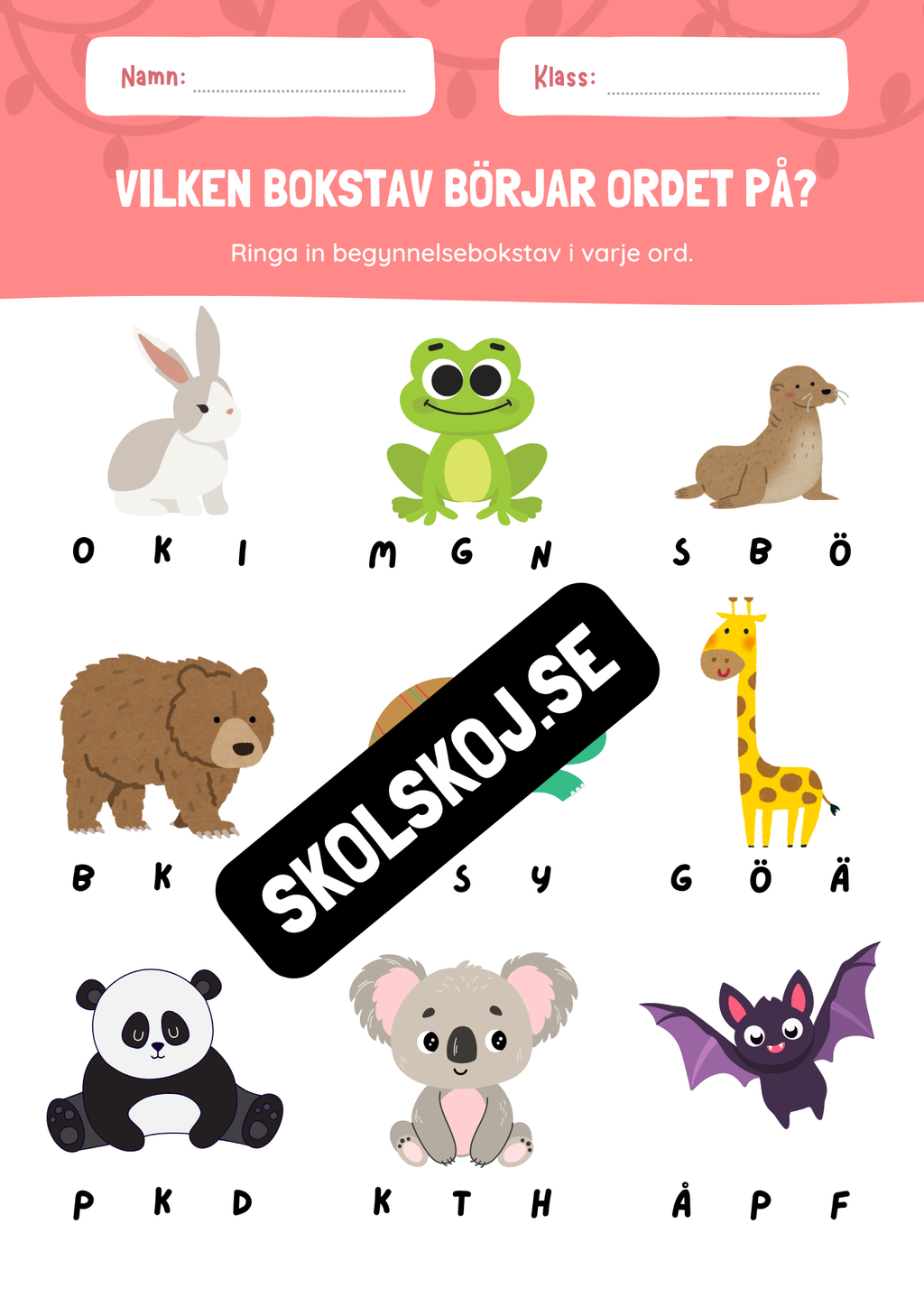 Vilken bokstav börjar ordet på - Tema djur