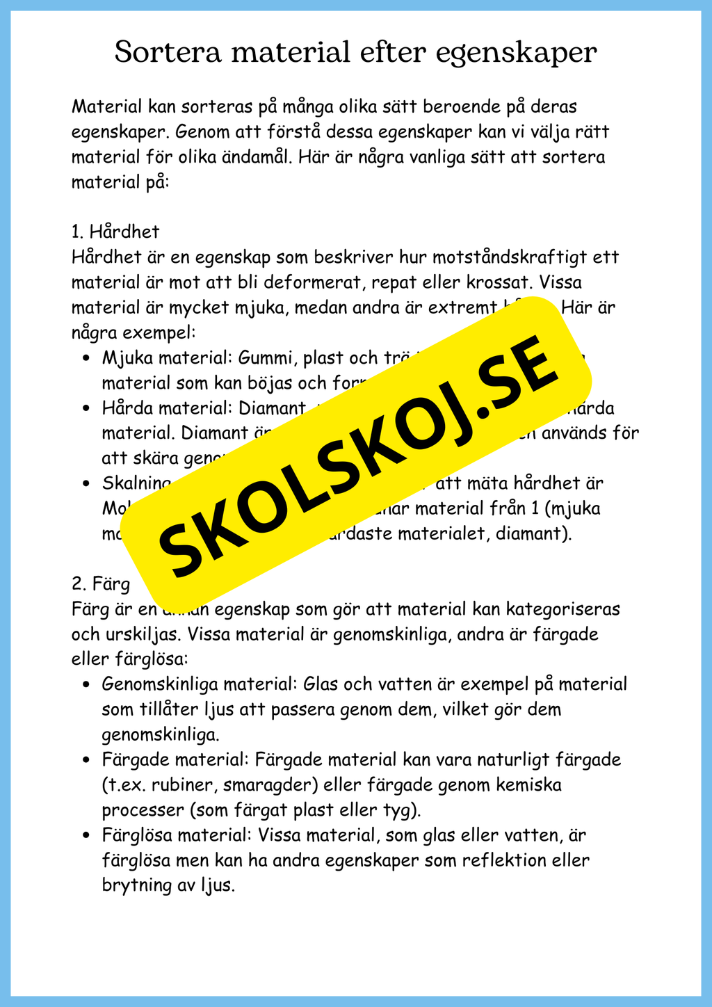 Vattnets kretslopp och materialens betydelse - Läsförståelse - Åk 4 - 6
