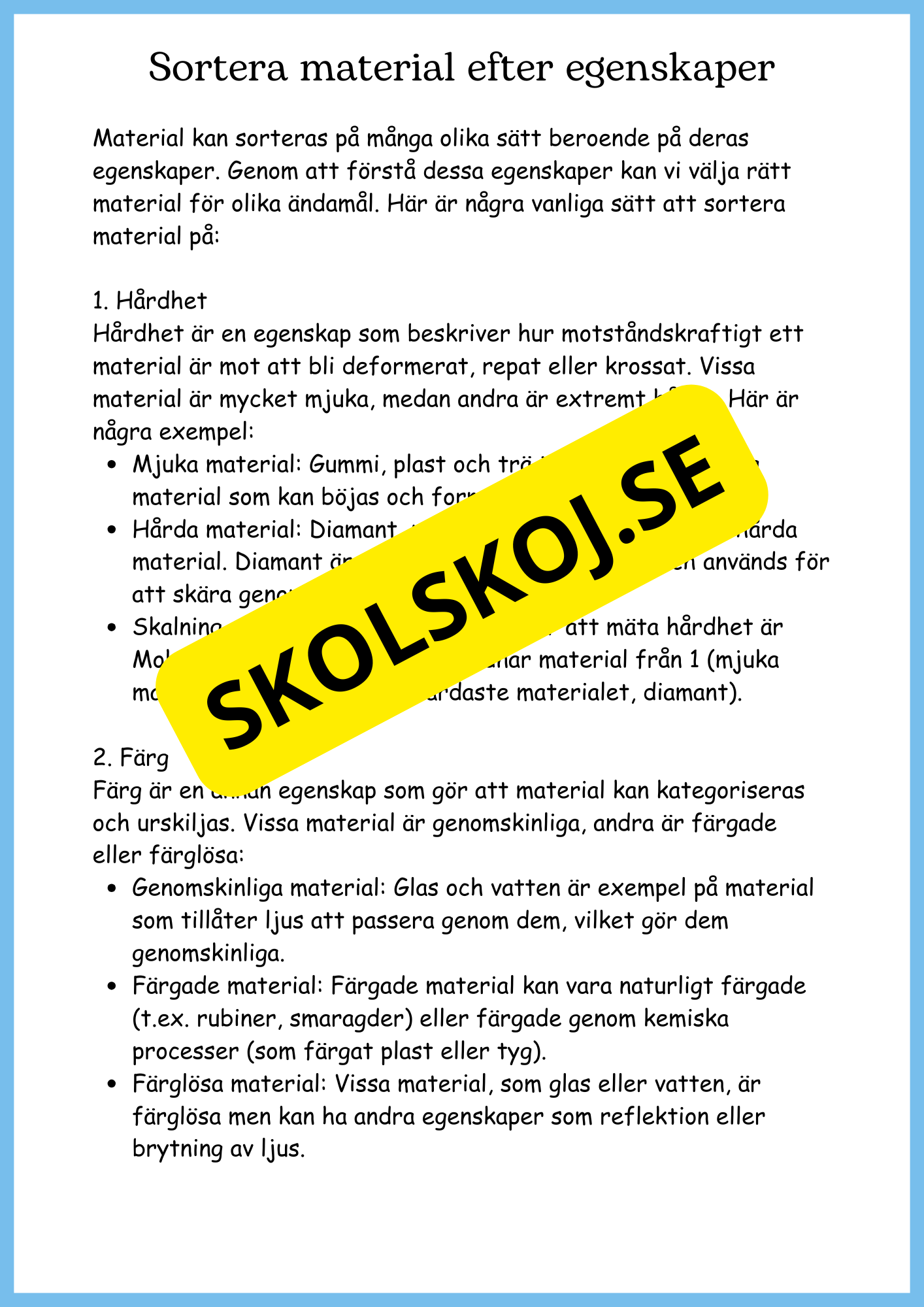 Vattnets kretslopp och materialens betydelse - Läsförståelse - Åk 4 - 6