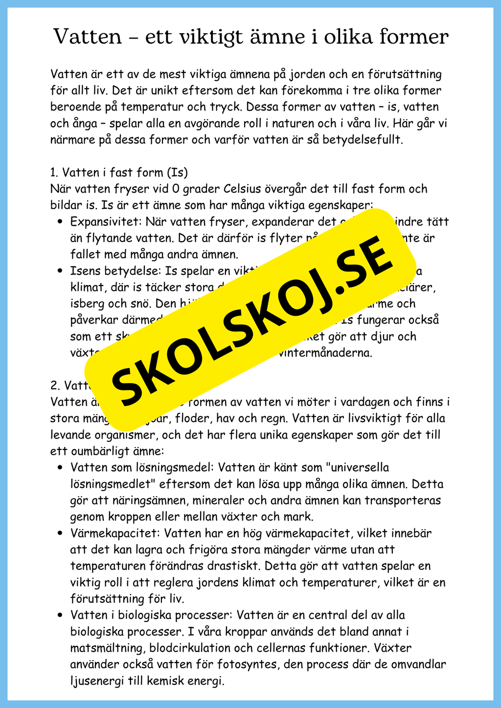 Vattnets kretslopp och materialens betydelse - Läsförståelse - Åk 4 - 6