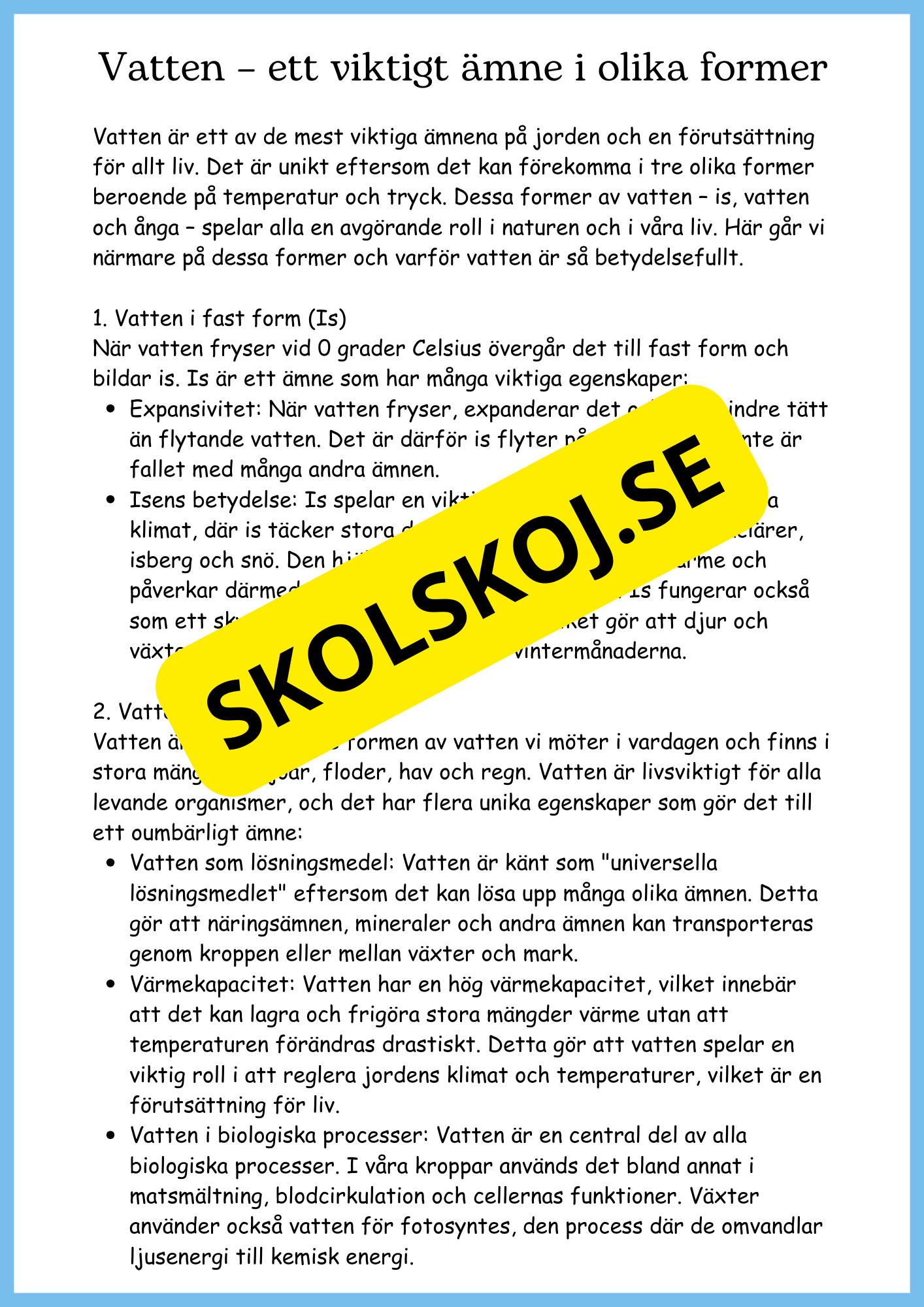 Vattnets kretslopp och materialens betydelse - Läsförståelse - Åk 4 - 6
