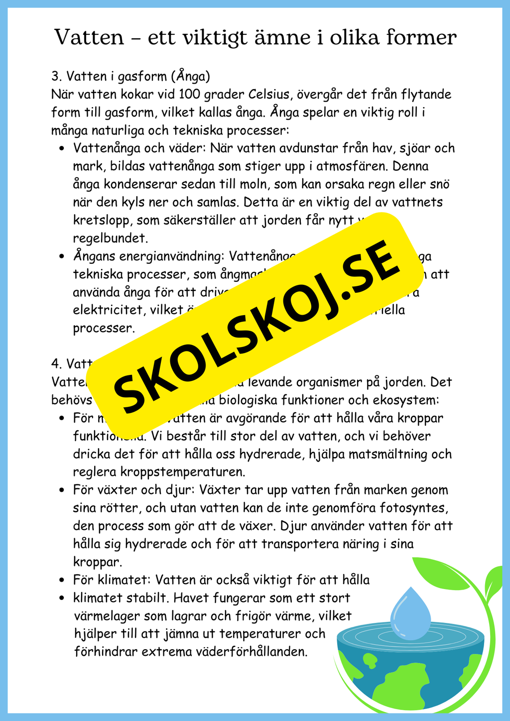Vattnets kretslopp och materialens betydelse - Läsförståelse - Åk 4 - 6