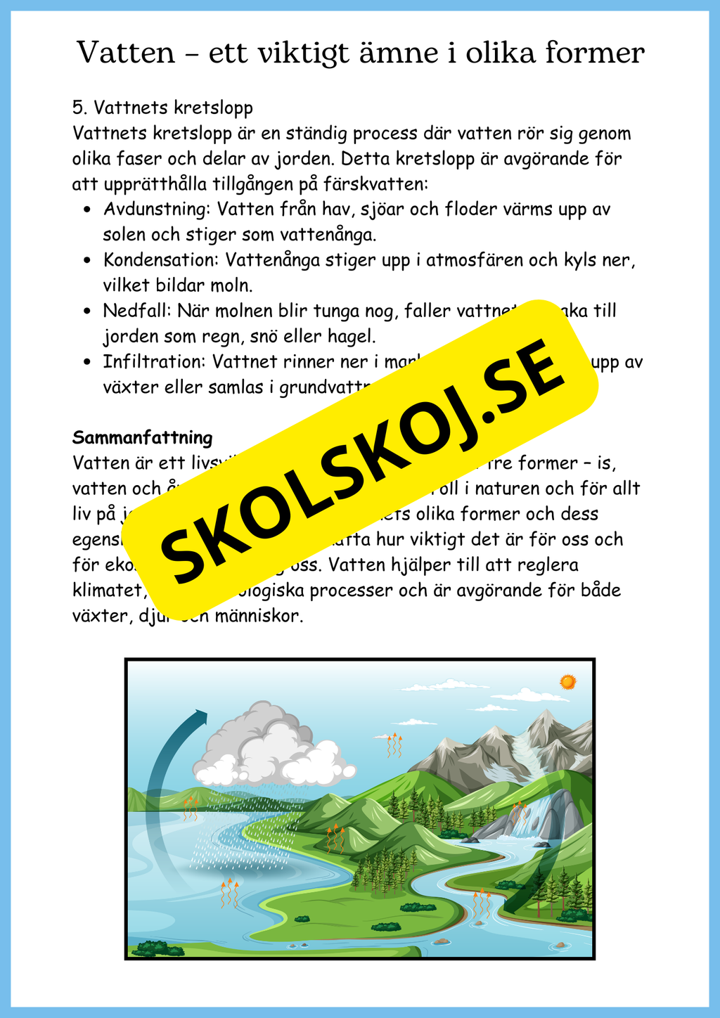Vattnets kretslopp och materialens betydelse - Läsförståelse - Åk 4 - 6