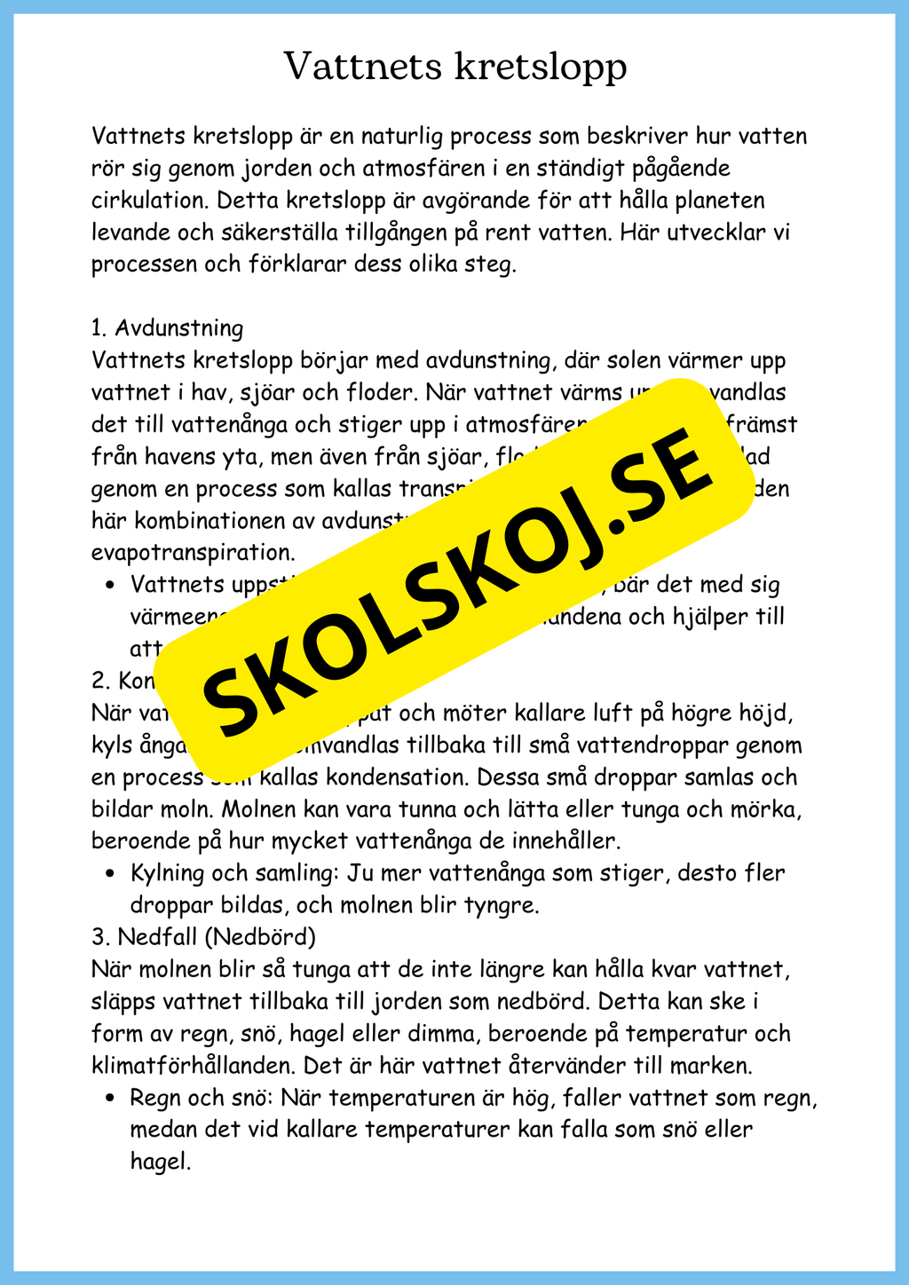 Vattnets kretslopp och materialens betydelse - Läsförståelse - Åk 4 - 6