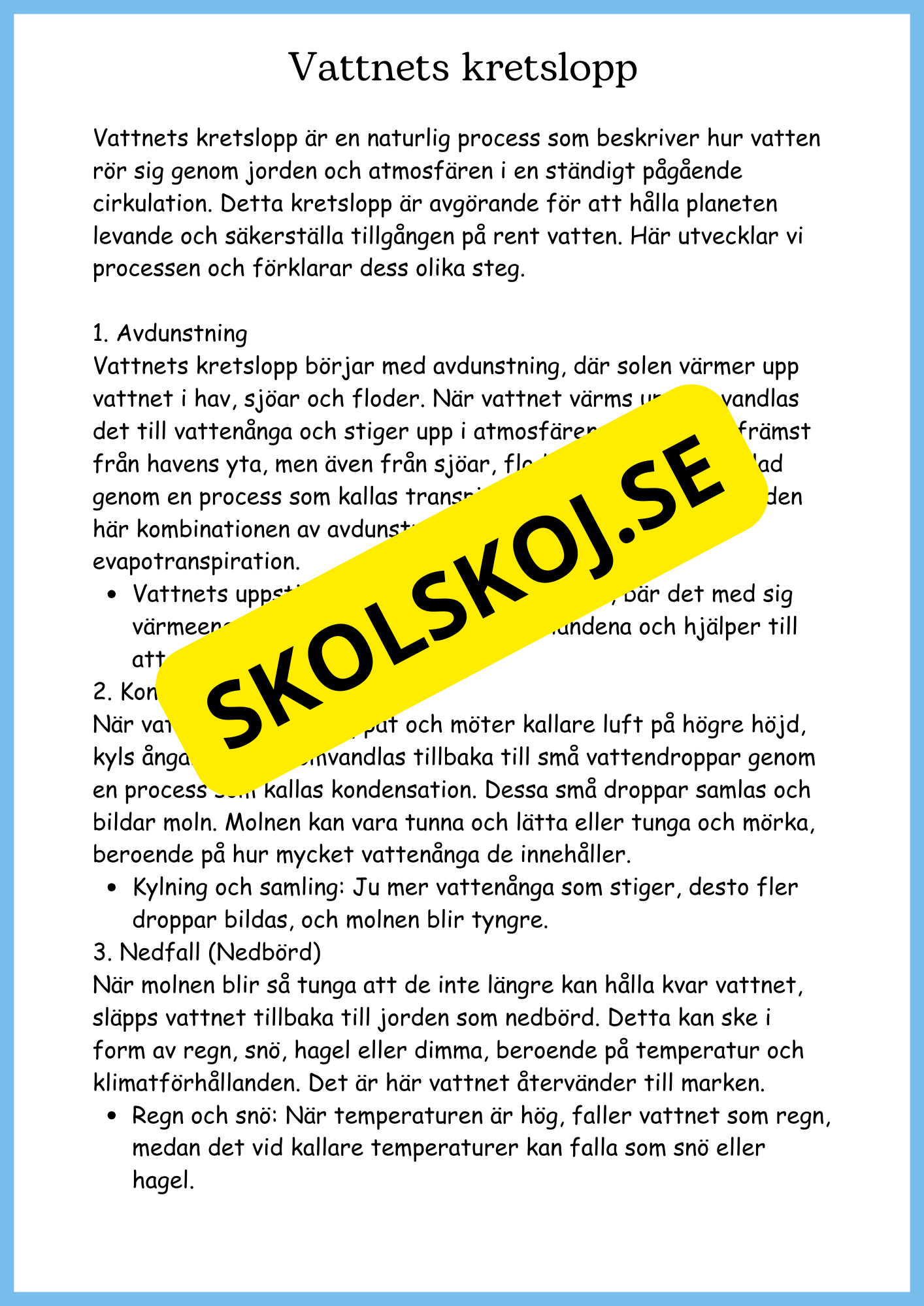 Vattnets kretslopp och materialens betydelse - Läsförståelse - Åk 4 - 6