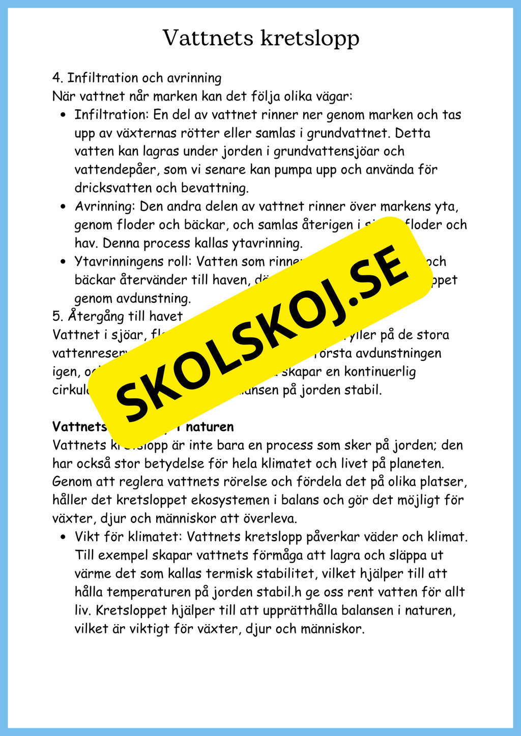 Vattnets kretslopp och materialens betydelse - Läsförståelse - Åk 4 - 6
