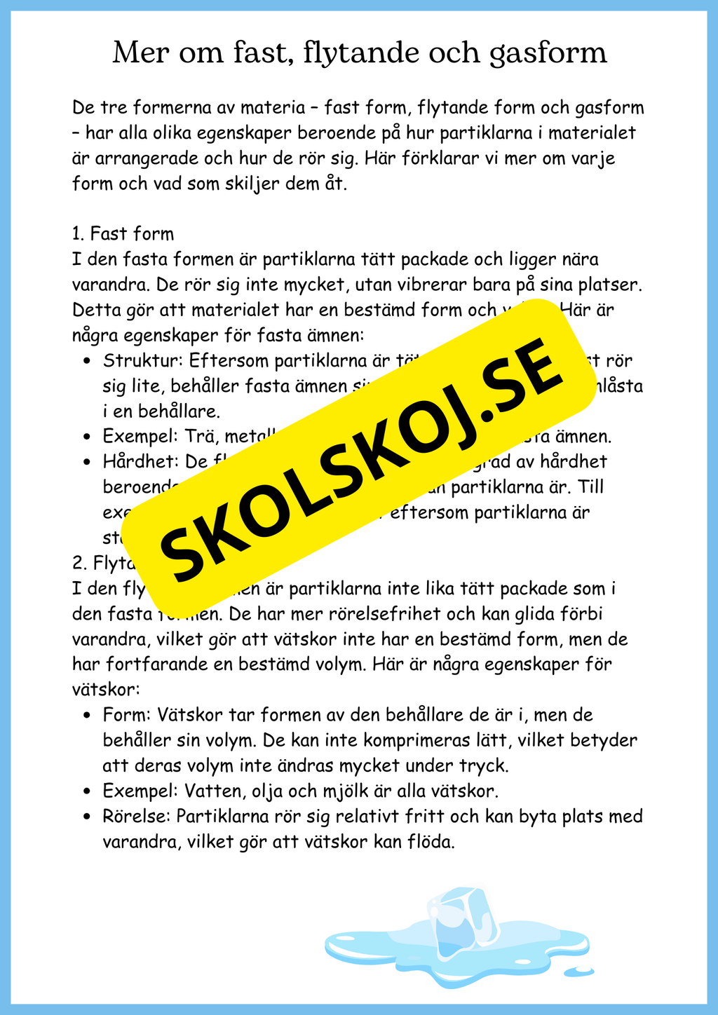 Vattnets kretslopp och materialens betydelse - Läsförståelse - Åk 4 - 6