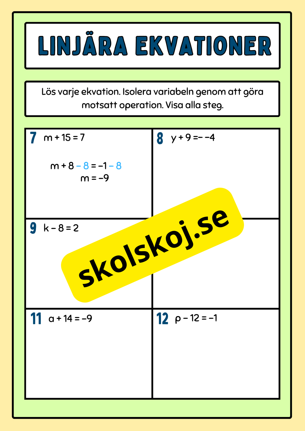 Linjära Ekvationer - Årskurs 8 - 9