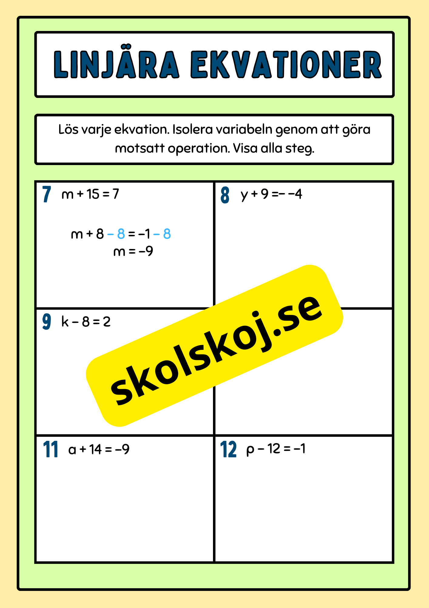 Linjära Ekvationer - Årskurs 8 - 9