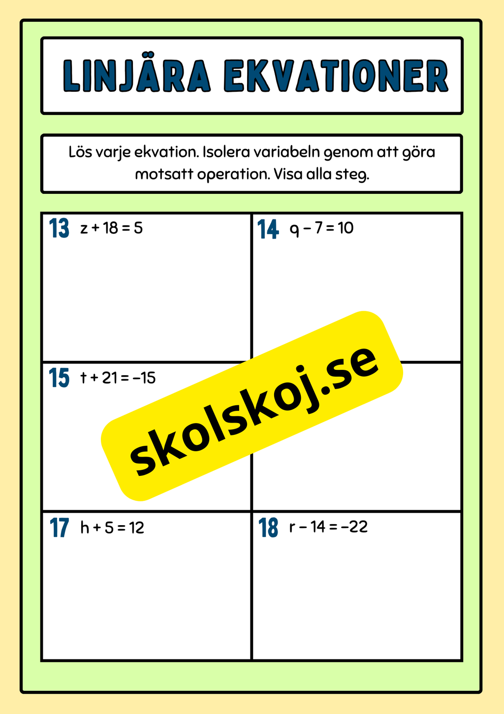 Linjära Ekvationer - Årskurs 8 - 9