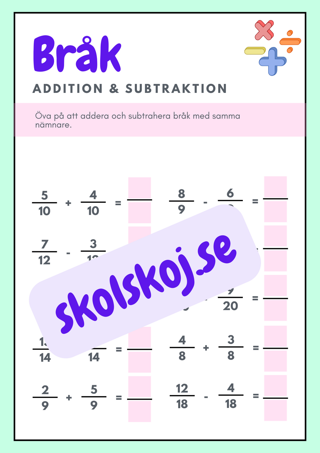 Bråk - Addition och subtraktion