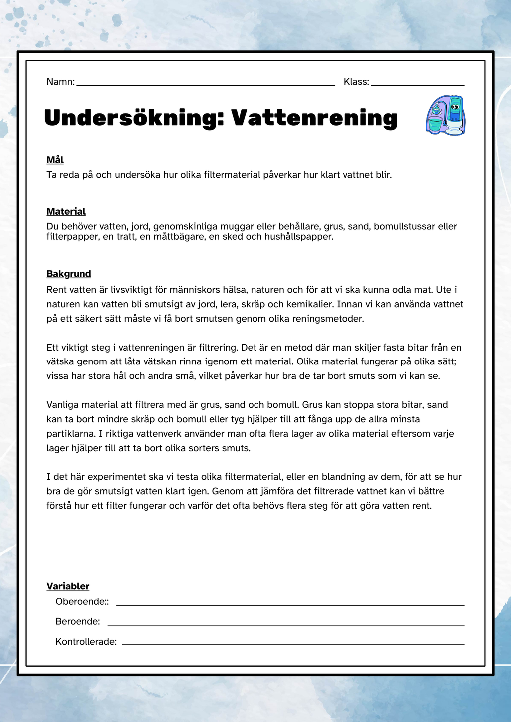 Undersökning Vattenrening - Experiment