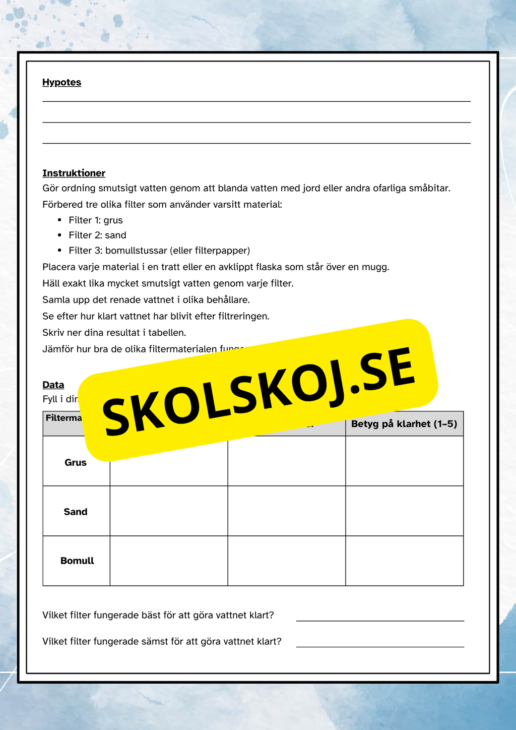 Undersökning Vattenrening - Experiment