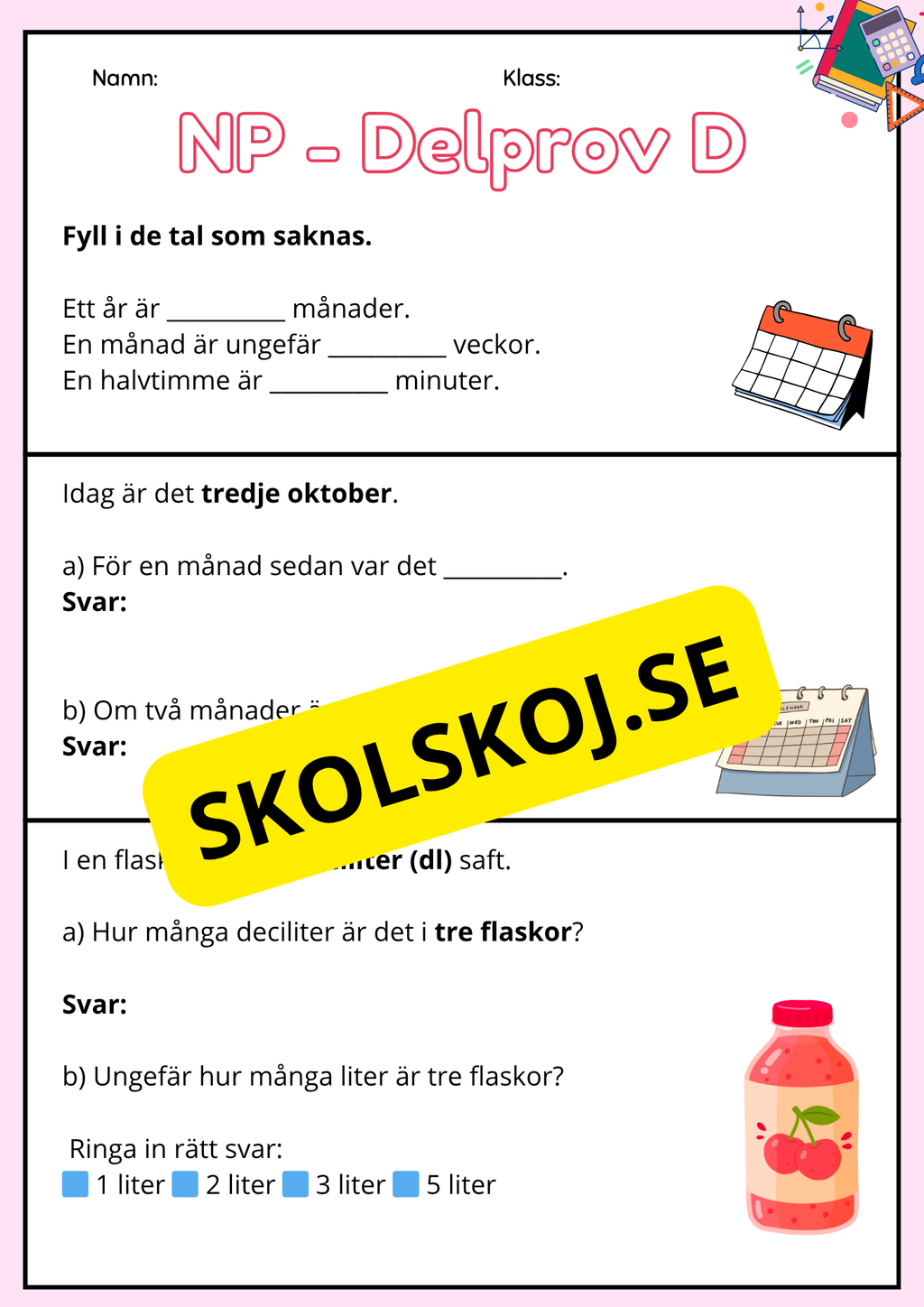 Nationella Prov – Delprov D - Matematik - Träningsmaterial för åk 3