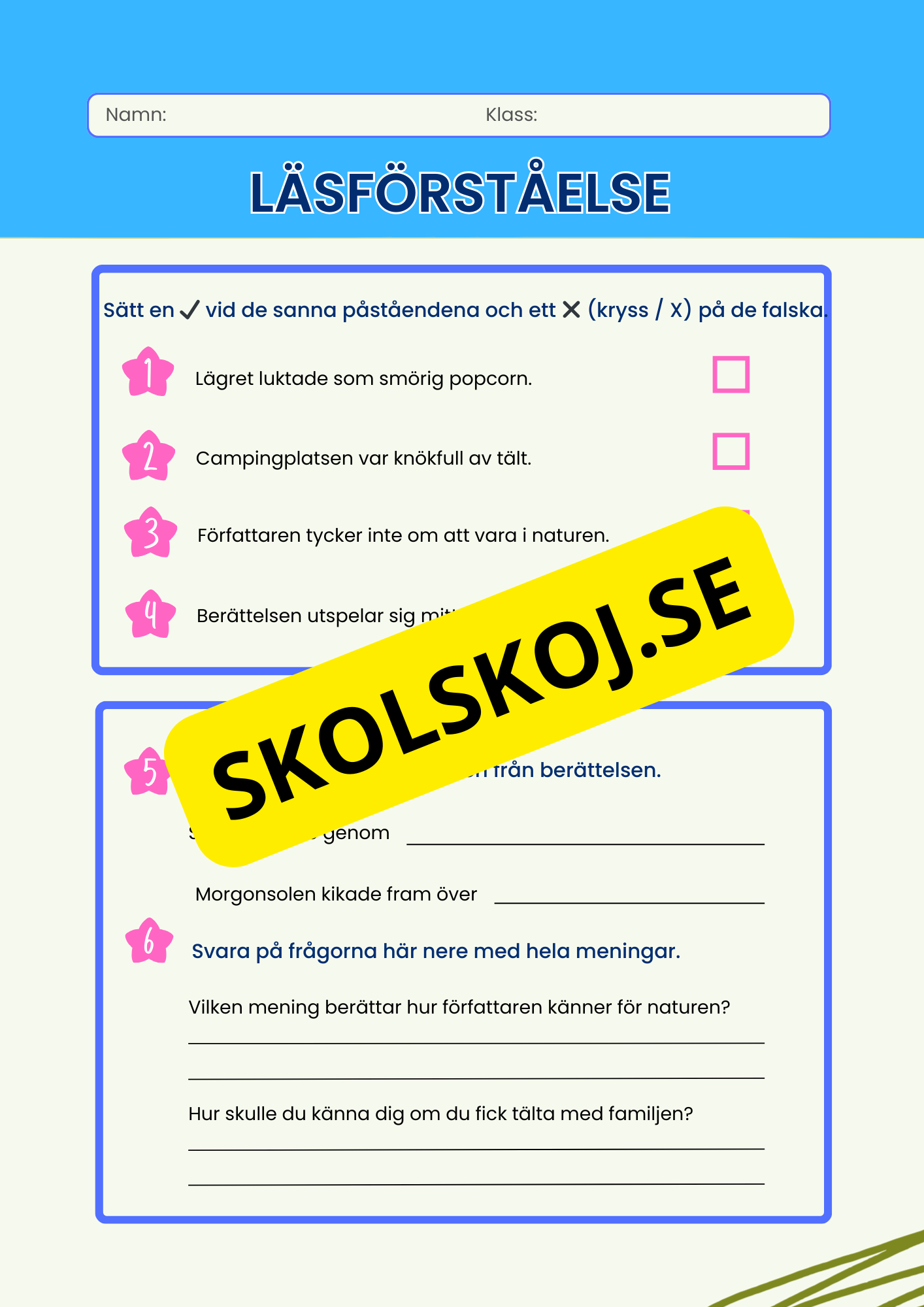 Läsförståelse - Häfte - 5 korta berättelser
