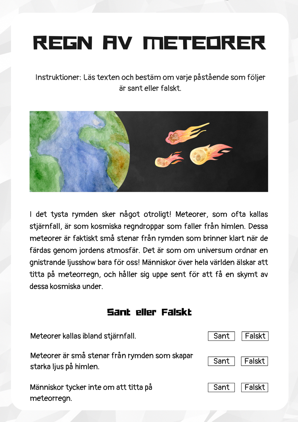 Rymden läsförståelse - Åk 3 - 4