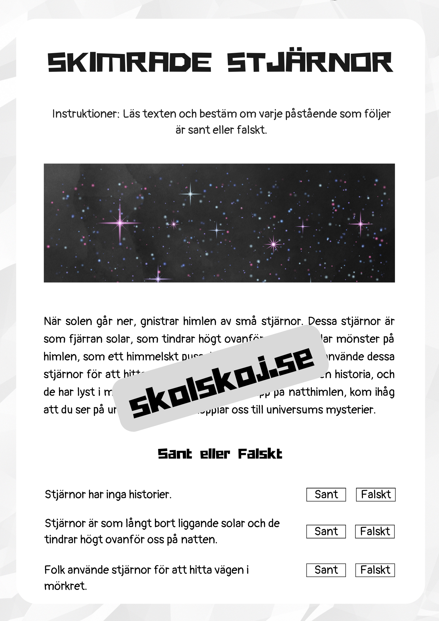 Rymden läsförståelse - Åk 3 - 4