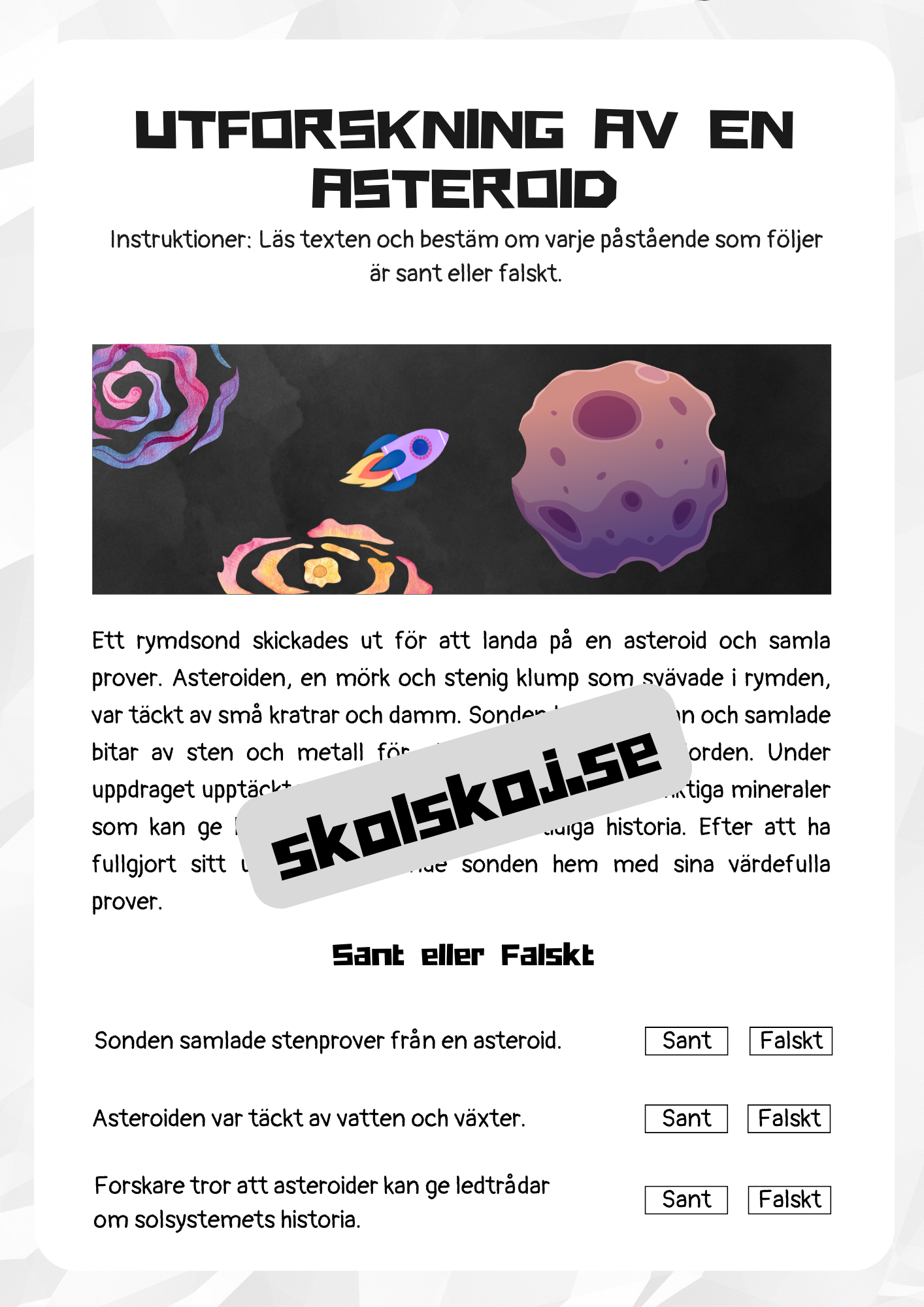 Rymden läsförståelse - Åk 3 - 4
