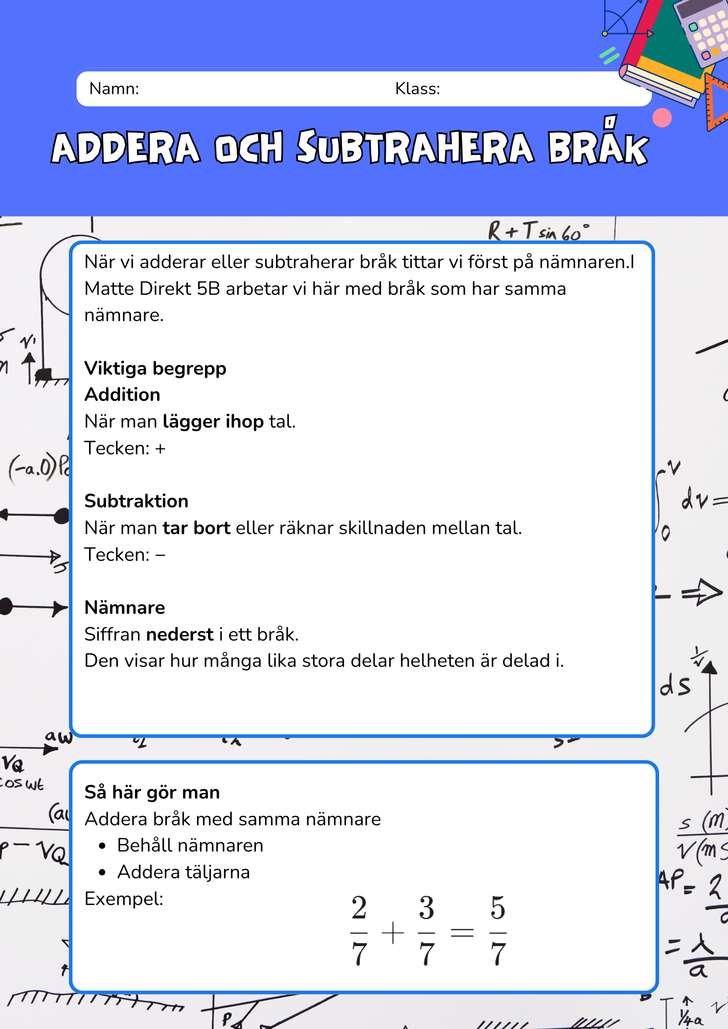 Addera och subtrahera bråk - Årskurs 4 - 6