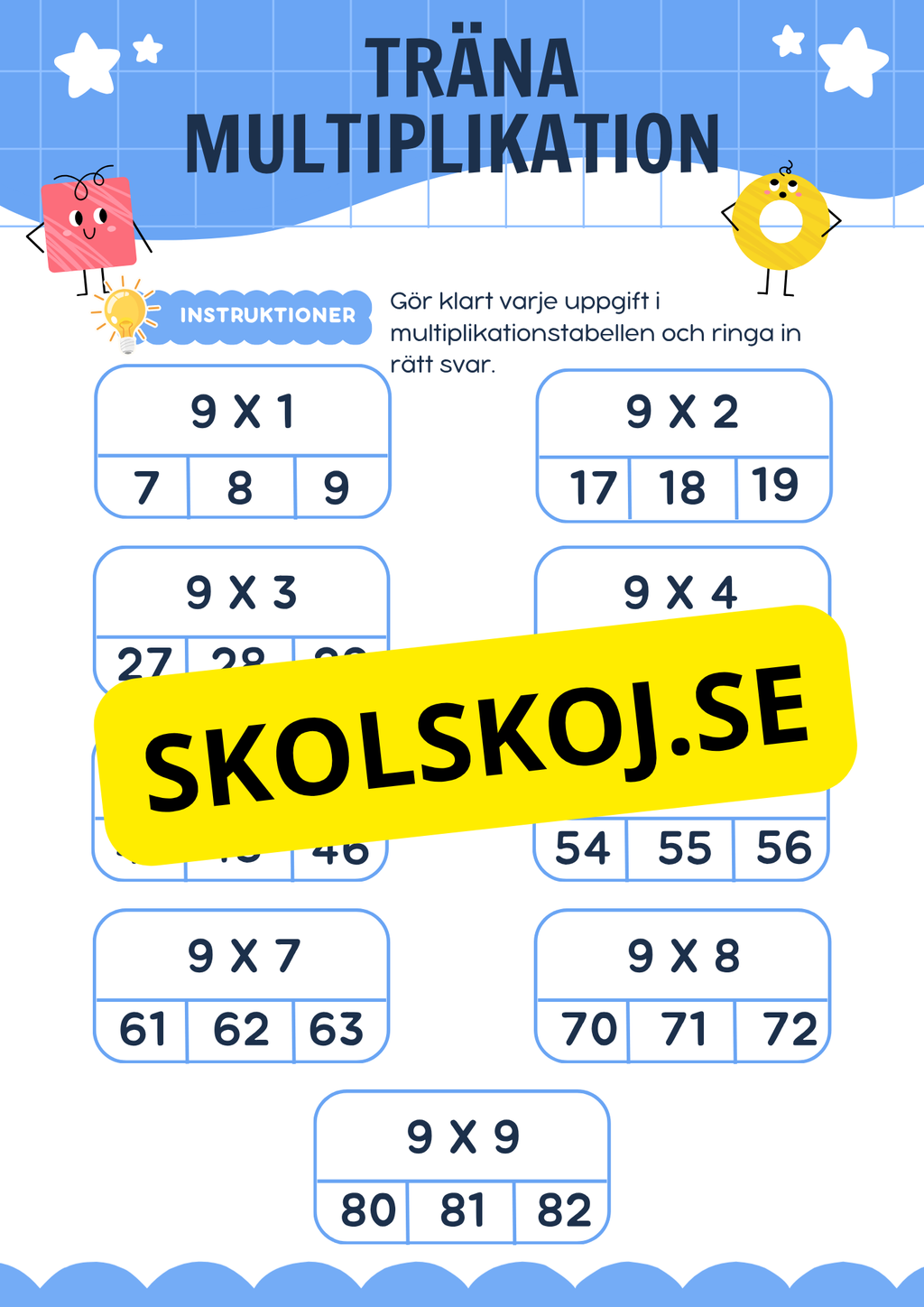 Stort paket - Träna multiplikation 0 - 10 - 45 sidor