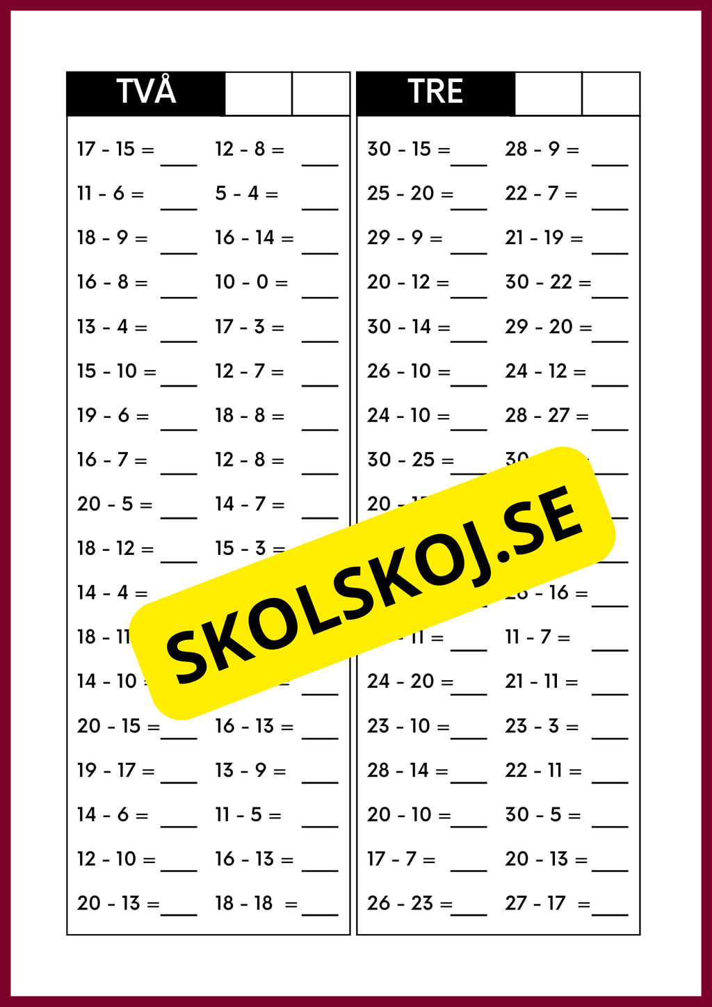 Huvudräkning - Subtraktion