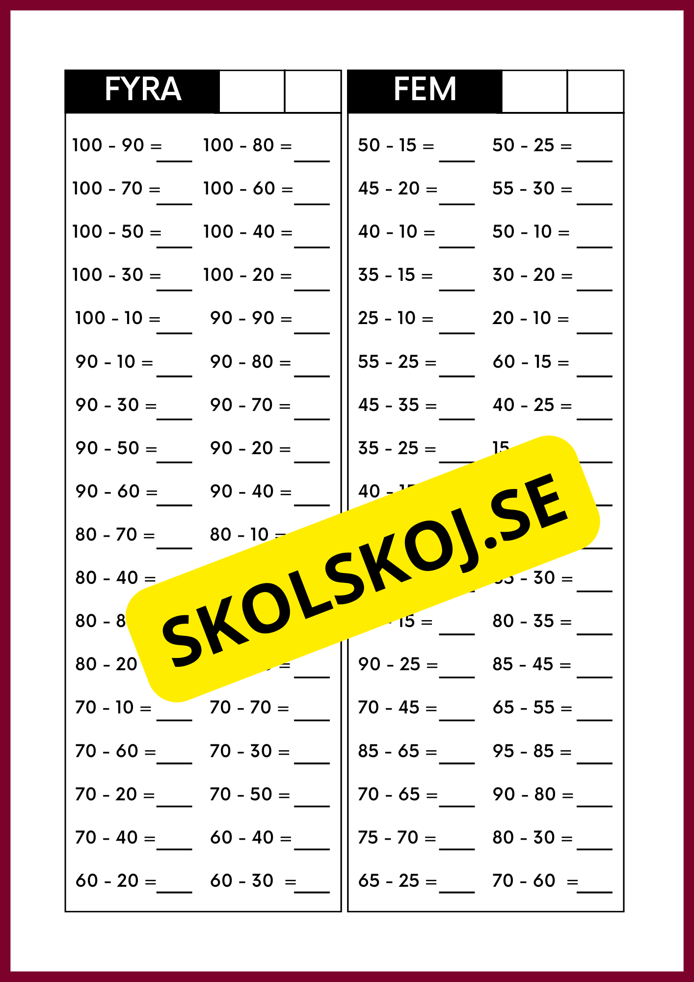 Huvudräkning - Subtraktion