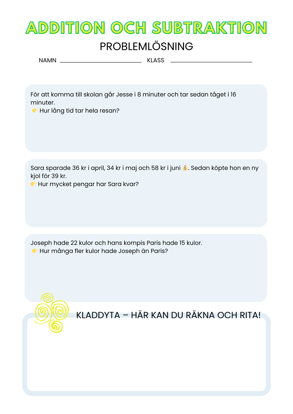 Addition och subtraktion - Problemlösning - Åk 3 - 4