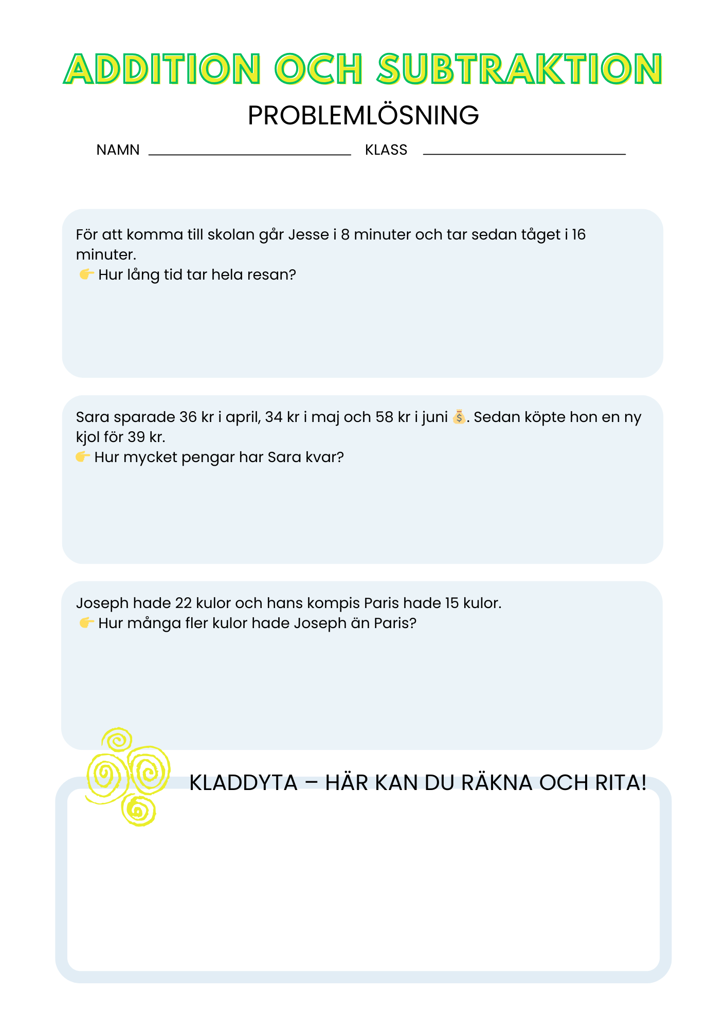Addition och subtraktion - Problemlösning - Åk 3 - 4